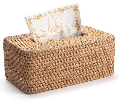 Kosmetiktücherbox aus Rattan, Geflochtener Tücherbox Halter Rechteckig, Gewebter Gesichtstuchhalter, Dekorative Taschentuchbox für Küche, Wohnzimmer, Badezimmer (Natur)