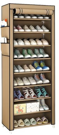 Generisch 10 Schicht Schuhregal mit 9 FäChern und StaubschutzhüLle 58 x 28 x 158 cm Platzsparender Schuhschrank Vliesstoff und Metallrahmen Geeignet für Flur Schlafzimmer Kleiderschrank (Braun)