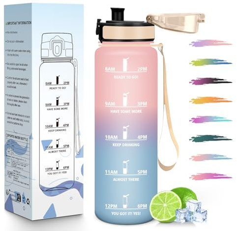 HoneyHolly Gourde 1L, Réutilisable, Water Bottle Sport, Marqueur Horaire, Bouteille, Étanche, Portable, Gourde Graduée pour Salle de Sport, Vélo, Bureau, Extérieur, École, Bouteille Eau, Water Bottle