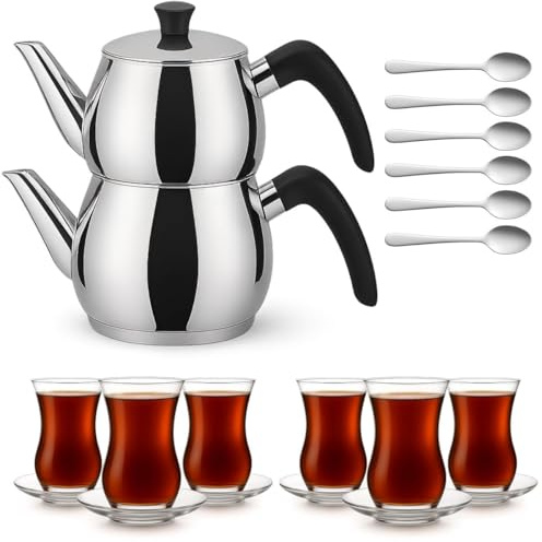 Caydanlik Teekanne Edelstahl 2-stöckig – Türkischer Teekocher induktionsgeeignet – mit Teegläsern oder nur Kanne Größe Kanne 1,5L, Farbe Glas-Set 6er