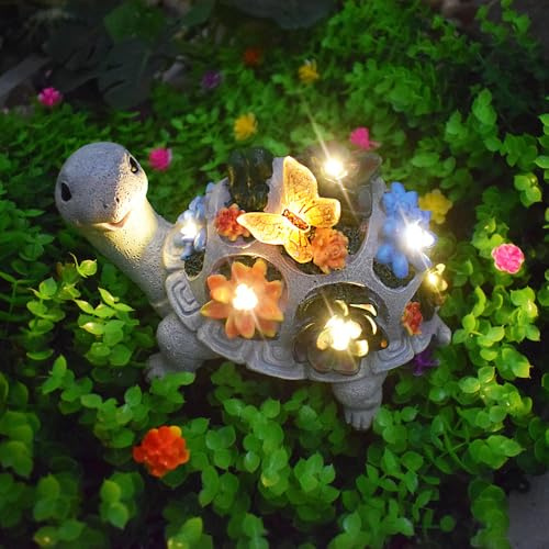 YZYOE LED-Solar-betrieben saftige Schmetterling Schildkröte Licht, Outdoor-Atmosphäre Dekoration Licht, niedliche Harz Schildkröte Garten Landschaftslampe mit Schmetterlingen und saftige Blumen.