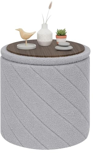 PINPLUS Runder Sitzhocker mit Stauraum, Teddy-Fleece, 43x43x45 cm, Grau | gepolsterter Hocker mit Deckel, klappbar, Fußhocker, Couchtisch, platzsparend, für Wohnzimmer, Schlafzimmer, Schminktisch