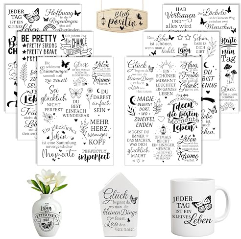 Rub On Sticker Set 6× A5 Transfersticker Motivationszitate, Glück & Leben | Sprüche ohne Kleber – DIY Deko Sticker für Glas, Holz, Karten & Geschenke