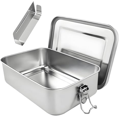 304 Edelstahl Brotdose, Brotdose Edelstahl mit 2 Fächern Lunchbox(850 ml) | Brotdosen Metall, Brotzeitdose mit Trennwänd, Bewegliche Trennwand Auslaufsicher für Familie Schule Wandern Mittagessen