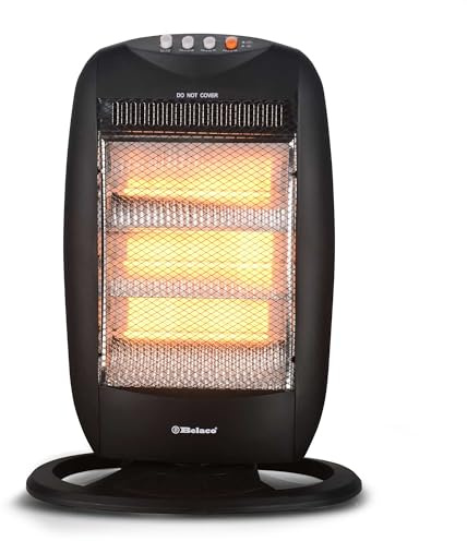 Belaco Portable Halogen Heater 1200W Low Energy Electric Heater with 3 Heat Levels and 90° Oscillating Function, Compact Portable Heater for Home and Office.