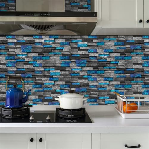 Mosaikfliesen Blauer Schwarzer Ziegel Klebefliesen Küche Wasserdicht PVC Fliesensticker Selbstklebende Klebefolie Fliesen Dekorative Fliesenaufkleber Bad 24.6x12cm/48 Stück