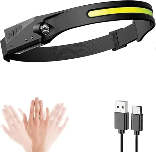 INPUS Luxelight - Torcia frontale a LED, ricaricabile, con sensore di movimento, fascio di luce COB largo 230°, leggero, per corsa e campeggio, con cinghia regolabile e durata fino a 8 ore [classe