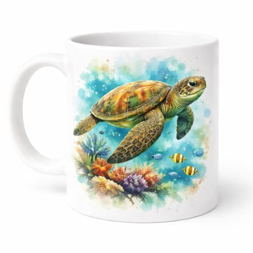 Brew Crew Gifts Sea Turtle Watercolour Mug, White Ceramic, 11 oz, Ocean Theme, Dishwasher Safe
