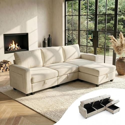 GRAVFORCE Ecksofa mit Stauraum unter jedem Sitz 251cm 3 Sitzer Modulares Sofa mit 1 Hocker Couch Wohnzimmer mit Ablagefächern U-Form Sofa für Wohnung Büro Chenille Beige
