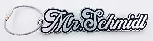 die stadtmeister Individueller Schlüsselanhänger aus Acryl mit Wunschnamen (z.B. mit Aufschrift/Gravur Mr. Schmidt) / silber-schwarz