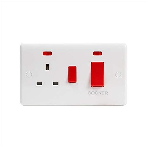 Lieber Silk White 45A Cooker Double Control Unit with Neon Power Indicator | Single Plug Socket- Curved Edge