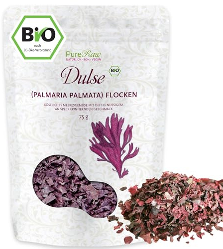 Dulse Flocken Bio Atlantik Algen (Wildsammlung Roh Vegan) Atlantischer Lappentang Rotalgen - Umami-Würze, Veganer Speck, Snack, Salzersatz - Organic Raw Wild Atlantic Seaweed Flakes | PureRaw 75g