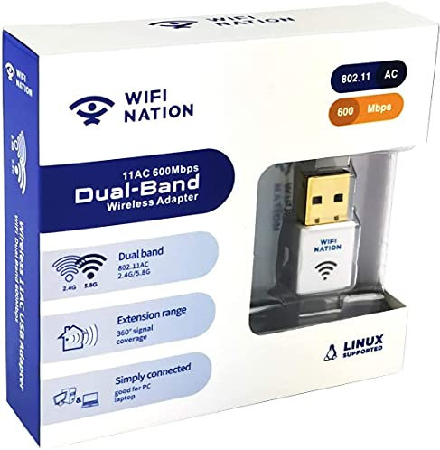WiFi NationWLAN-Dongle Mini 802.11ac AC600 USB WLAN-Adapter, Chipsatz: Realtek RTL8811AU, Dual Band 2,4 GHz oder 5 GHz, Windows, MacOS und Linux unterstützt, Weiß