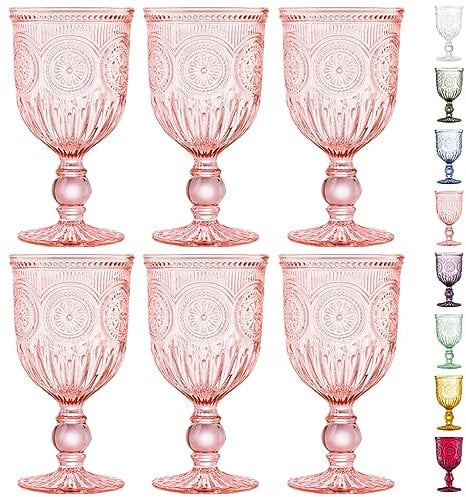 Yungala Copas de vino rosa, juego de 6 copas rosas hechas a mano con vidrio rosa (no pintado ni recubierto) asegurando que tu cristalería sea apta para lavavajillas y el color no se pele ni se astille