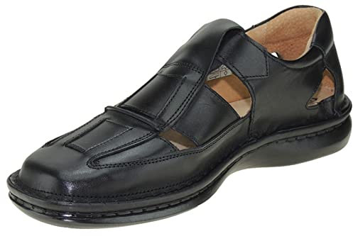 Cactus Men's Sewn Leather Sandal with Rubber Floor Velcro Closed Toe and Heel, Black/White, 14.5 UK