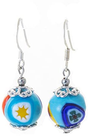 Ohrringe mit echtem Millefiori Murano Glas hellblau, 925 Sterling Silber