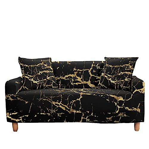 Fansushop Stretch Sofabezug Stretch Antirutsch Sofaüberwürfe mit Armlehnen, 3D Marmorierung Ecksofa L Form Sofa/Couchbezug/Sesselbezug für Wohnzimmer Wohnkultur (Schwarzes Gold,2 Sitzer/145~185cm)