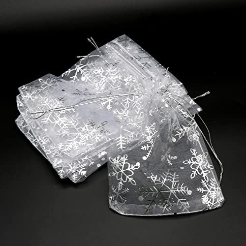 100x Organzasäckchen mit Schneeflocken,10x15cm Organzabeutel Zum Befüllen,Tunnelzug Organza Schmuckbeutel für Schmuck Süßigkeiten Baby Shower Party Weihnachts Verpackung Hochzeit Bonbonsbeutel,Silber