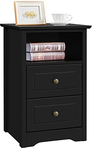 Yaheetech Table de Chevet en Bois Table de Nuit Noir avec 1 Compartiment Ouvert 2 Tiroirs pour Chambre Bout de Canapé Salon 40 x 35 x 60 cm