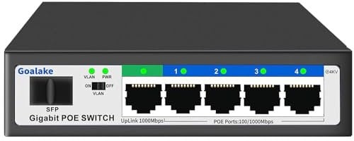 Goalake Switch PoE+ 6 Porte Gigabit 10/100/1000 Mbps, 4 Porte PoE fino a 52W, 1 Uplink, 1 SFP, IEEE 802.3af/at, VLAN, Protezione da Sovraccarico, Ideale per Sorveglianza IP e Access Point