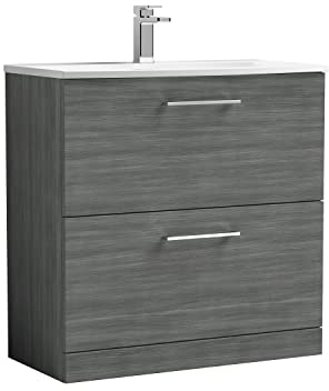 nuie ARN535G Arno Modern Bathroom Floor Standing 2 Drawer Vanity Unit with Curved Ceramic Basin, 800mm, Woodgrain Anthracite