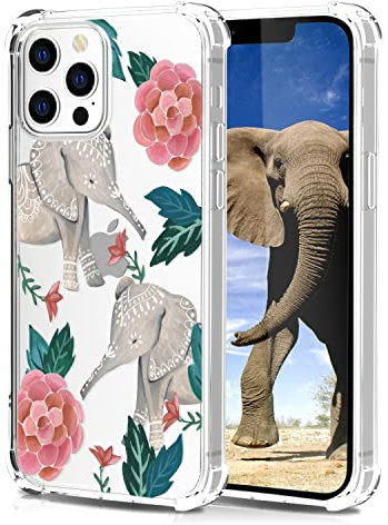 CAROKI Clear Case for iPhone 12 Pro Max,Shockproof Transparent Bumper Cover Soft Silicone Rubber TPU Bumper Clear Cover Phone Case with Leaf Pattern for iPhone 12 Pro Max-Elephant