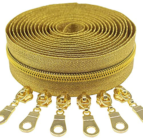 MebuZip 9 m goldfarbenen endlos Reißverschluss Meterware Reißverschluss Nylon 6mm-Spirale + 25 Nonlock-Zipper für Taschen Deko DIY Basteln Nähen (Goldfarbenen Goldfarbenen)