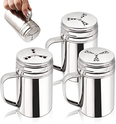 Dualshine 3Pcs Large Salt and Pepper Shakers with Handle, Kitchen Stainless Steel Salt Shaker Seasoning Bottle Container Dry Rub Spice Dispenser with Lid Holes for Salt/Pepper/Cinnamon/Powder