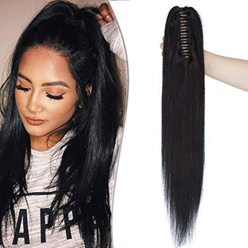SEGO Ponytail Haarteil Echthaar Zopf Extension mit Klammer Clip in Pferdeschwanz Haarverlängerung 100% Remy Haar Hair Piece glatt 22(55cm)-120g Schwarz #1
