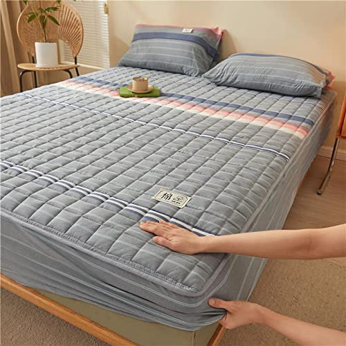 Spannbetttuch Rund-um Elastischer Gummizug120 x 200cm1 Stück, Baumwolle dick kariert weich gesteppt, Spannbettlaken, Matratzenbezug, Tagesdecke für Wohnung, Gastfamilie, blau-grau