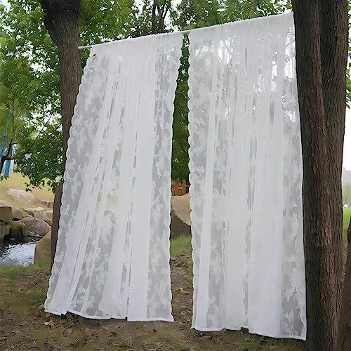MYAYD Spitze Vorhang, 2 Stück Küchen Gardine Blumen bestickte Gardinen,gestrickter Jacquard-Vorhang für Schlafzimmer, Wohnzimmer,Gaze, Retro-Stil, Vintage B150×H200cm (Weiß)