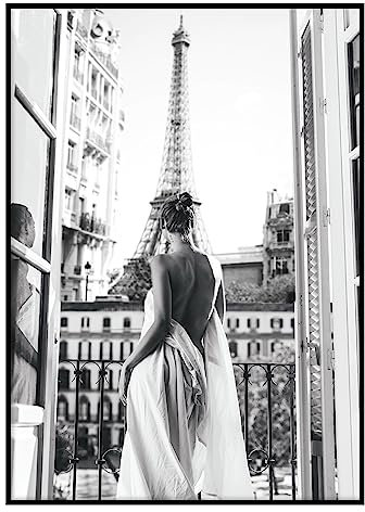 STYLER Gerahmtes Bild Paris Balcony 50 x 70 cm I Frau mit Blick auf Eiffelturm Schwarz-Weiß Fotografie I Wandbild Wohnzimmer Schlafzimmer Büro I Wanddeko Modern Bild mit schwarzem Rahmen