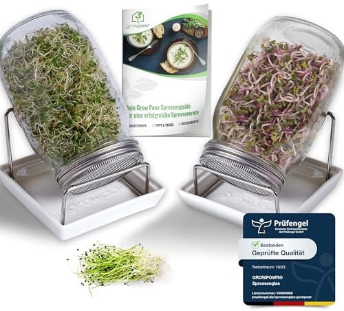 growpowr® → 2X 950ml Bio Sprossengläser mit Keramikschale und Safe Coating Beschichtung für mühelose Reinigung - inkl. Sprossenguide | Das Keimgläser Set zum Sprossen selber ziehen