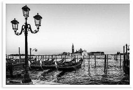 Leinwand-Poster, Motiv: Venedig, Gondelbahnhof, schwarz-weiß, Wandkunst, Dekordruck, Bild für Wohnzimmer, Schlafzimmer, Dekoration, ungerahmt, 30 x 45 cm