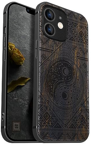 Carveit Holz Handyhülle für iPhone 12 Mini hülle, Kompatibel mit Magsafe Silikon Stoßfeste Cover, Magnetisch Hull für 12 Mini Case(Dunklesholz-Die Yin Yang Sonne und der Mond)
