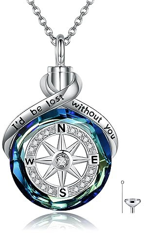HUKKUN Kompass Urnenketten für Asche Silber 925 Kompass Kettenanhänger zum Befüllen Urnen Mensch Kompass Ascheschmuck Damen