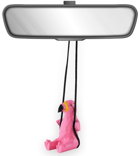 VIPbuy Flamant rose 100 % fait main en bois à suspendre pour voiture – Jolie figurine flamant rose sculpté à la main en bois peint à la main pour miroir de voiture, accessoires de décoration, cadeaux