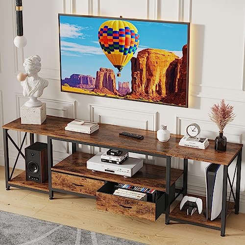 GYIIYUO TV Stand with Fabric Drawers for 80 85 Inches TV - Entertainment Center and Industrial TV Console Table with Open Storage Shelves for Living Room, Bedroom- 79.1 Rustic Brown