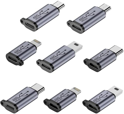 Hsupez 8 Stück Lightning auf USB C Adapter, USB C Adapter, Micro USB Adapter, Mini USB Adapter, Female to Male USB 2.0 für Navi, die Aktioncam zum Einsatz, Smartphone