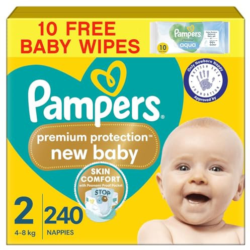 Pampers Premium Protection New Baby Size 2, 240 Nappies, 4kg-8kg, Monthly Pack, The Only Newborn Nappy Approved by British Skin Foundation