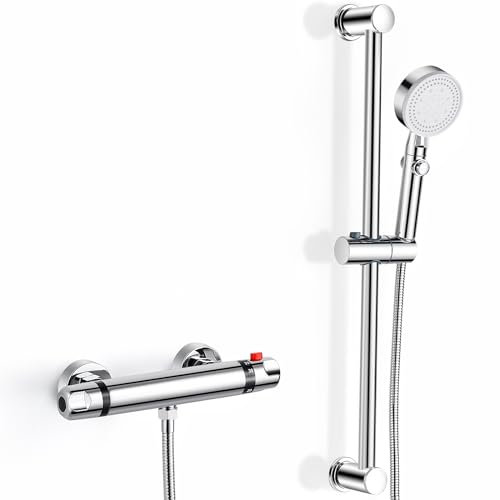 Kit mitigeur de douche thermostatique moderne chromé - Robinet mural avec rehausseur réglable, barre de douche, tête et tuyau, verrouillage de sécurité 38 °C