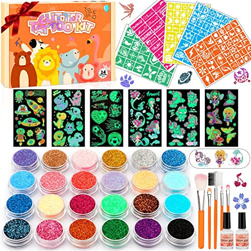 Glitzer Tattoo Set Kinder, Temporäre Glitzertattoos Mädchen -60 Leuchtende Kindertattoos, 24 Farben, 150 Schablonen, Glitzer Make Up Kit für Karneval Geburtstag Partys, Geschenk 5 7 8 11 Jahre