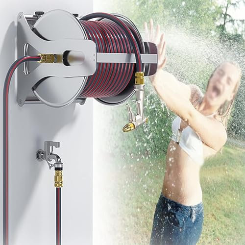 DPQYJPP An Wand montierter Gartenschlauchaufroller, robuster Schlauchaufroller, Aufbewahrungswagen für Wasserschläuche Außenbereich, Wasserschlauchhalter für Außenbereich,Rack+50mHose