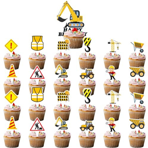 Straßenschild Baufahrzeug Cupcake Topper, 25 Stück Bagger Muffin Dekoration, Baufahrzeuge Happy Birthday Tortendeko für Geburtstag Themen Party Dekoration Supplies