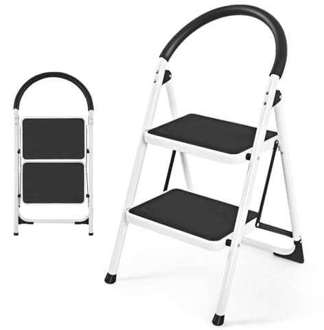 HOMFME Folding 2/3/4 Step Ladder, 150kg/265kg Capacity Anti Slip Tread Stepladder with Anti-Slip Pedal and Locking Device, Safety Metal Ladder Stool for Household Garage Shop (2 Step)