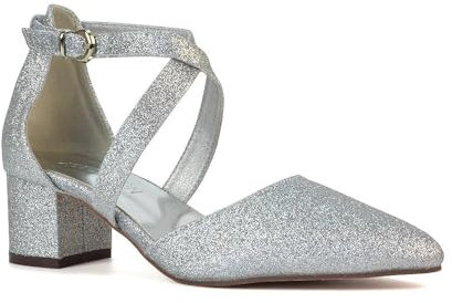 ESSEX GLAM Womens Strappy Ankle Strap Court Shoes Ladies Silver Glitter Low Heel Point Toe Close Toe Pumps Size 7