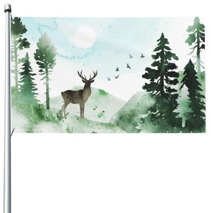 90 x 60 cm (3 x 2 Fuß) Aquarell-Landschaftsflagge mit Hirschvögeln für Haus, Rasen, hängende Dekoration, Hofbanner, Urlaub, Willkommensflaggen mit 2 Metallösen, für drinnen und draußen