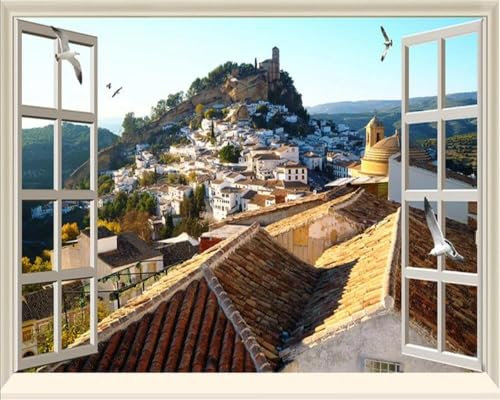 LUXINSHISU Selbstklebende PVC Fototapete 3d wohnzimmer tapete fenster stadt landschaft TV hintergrund wand schlafzimmer wand kunst aufkleber