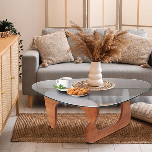 Table basse triangulaire en verre trempé, Table D'appoint De Canapé Moderne + Base Triangulaire En Bois Massif Et Plateau En Verre Trempé épaissi, Pour Le Salon Et Le Bure(Size:91*65*40 CM,Color:B)