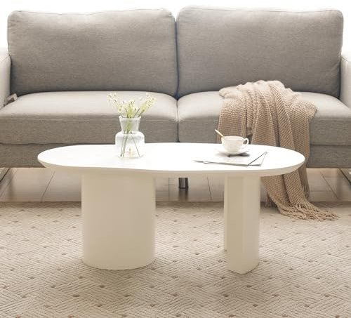 MSMOK Stabiler und langlebiger 100 cm Langer weißer unregelmäßiger Couchtisch - hochwertiges MDF, lackierte Oberfläche, unregelmäßige und elegant geschwungene Tischplatte, zarte Haptik